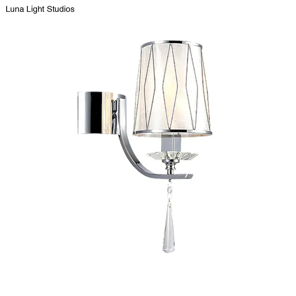 Modern chrome crystal wall lighting fixture with frosted glass shade and geometric wire accents for bedroom or hallway