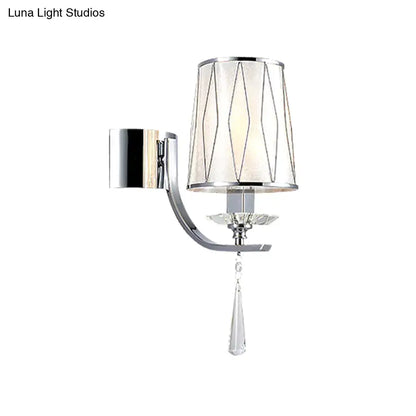 Modern chrome crystal wall lighting fixture with frosted glass shade and geometric wire accents for bedroom or hallway