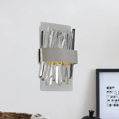 Modern chrome crystal wall sconce with sleek chrome finish and cascading clear crystal prisms for bedroom wall light 220v-240v