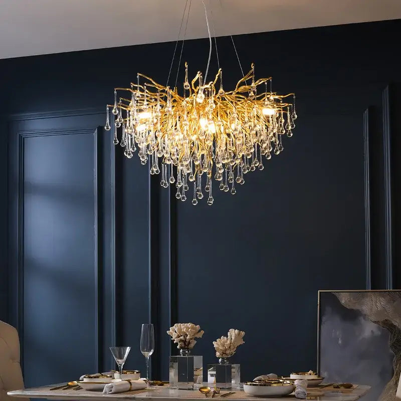 Modern chrome branch chandelier with golden finish featuring crystal water drop droplets for living room lighting