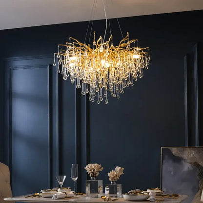Modern chrome branch chandelier with golden finish featuring crystal water drop droplets for living room lighting