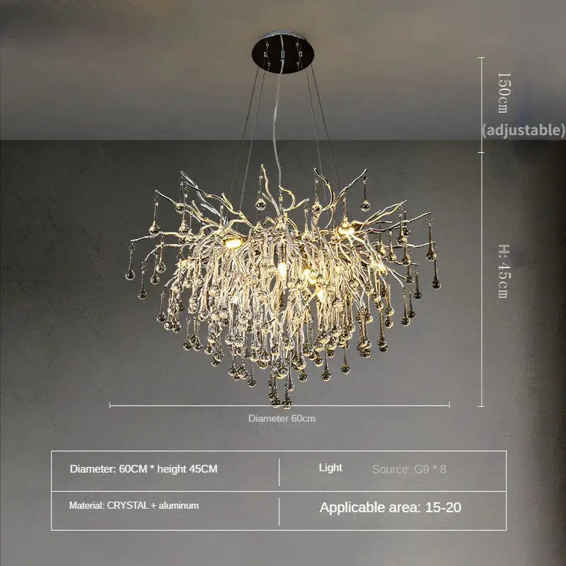Elegant modern chrome crystal water drop branch chandelier with aluminum frame for living room lighting