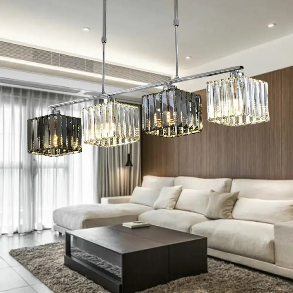 Modern chrome cube island ceiling light with crystal prisms and rectangular design for dining room ceiling light