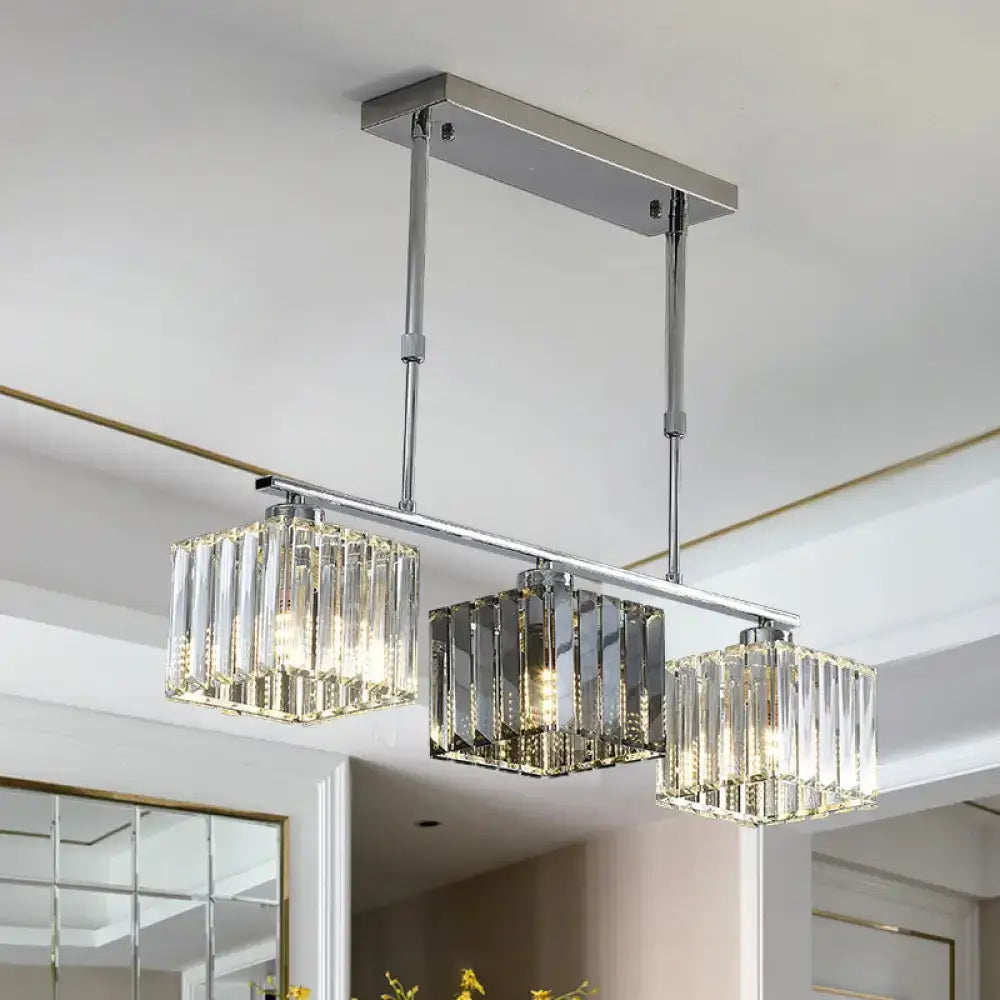 Modern chrome cube island ceiling light with three rectangular crystal shades for dining room ceiling light