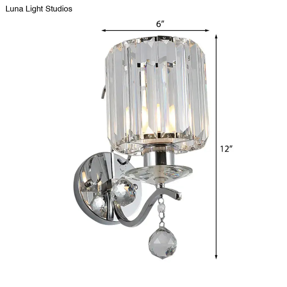 Modern chrome cylinder clear crystal light fixture with polished chrome base and faceted crystal droplet for bedroom