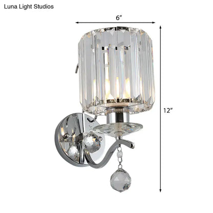 Modern chrome cylinder clear crystal light fixture with polished chrome base and faceted crystal droplet for bedroom