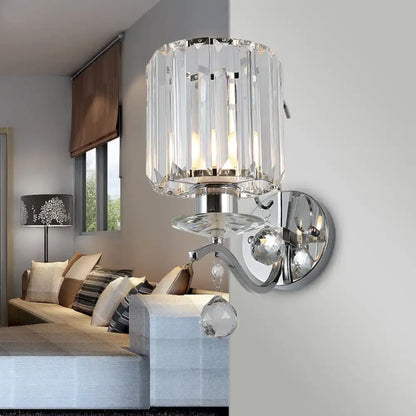 Modern chrome cylinder clear crystal wall light fixture with chrome metal base and e27 clear crystal prisms for bedroom