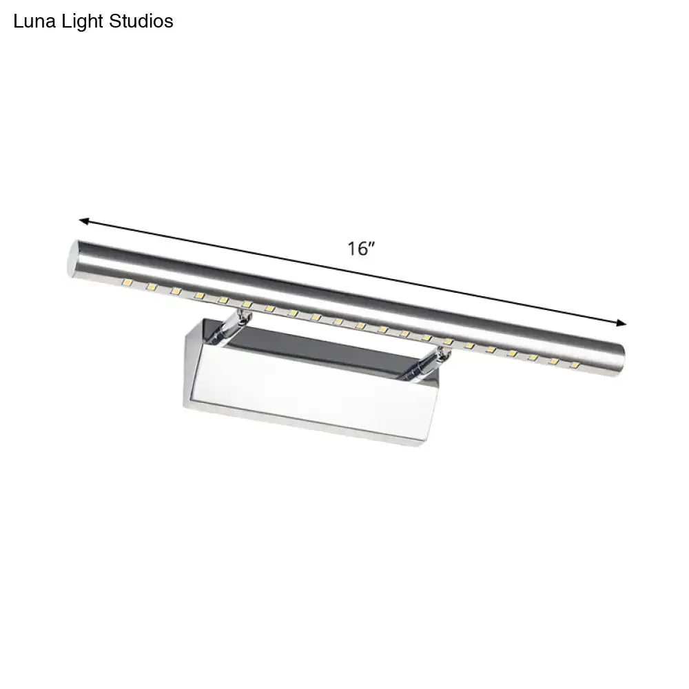 A sleek 16-inch chrome cylinder vanity lighting led wall sconce with a modern rectangular base and evenly spaced bulbs
