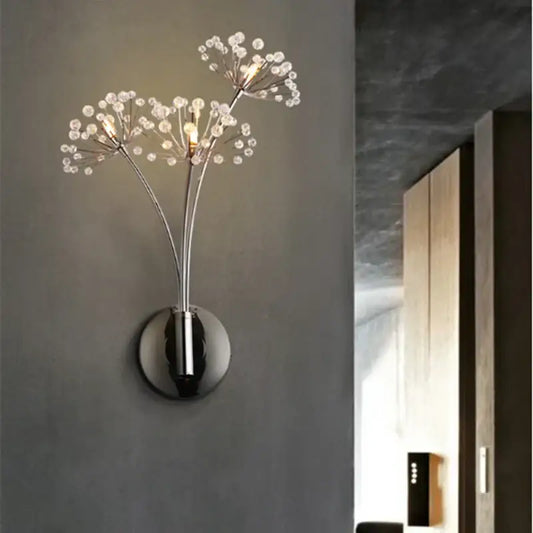 Modern chrome wall lamp featuring three delicate decorbites dandelion crystal flower branches for bedroom decor