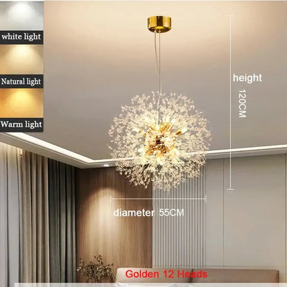 Modern chrome pendant light with golden dandelion design, 12 light heads, clear acrylic beads, and polished chrome finish