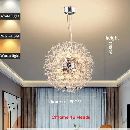 Modern chrome dandelion pendant light with 16 heads polished chrome and clear acrylic beads for bedroom use