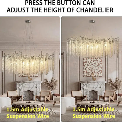 Modern chrome decorbites branch crystal chandelier with adjustable branch design and cascading crystal strands for dining room