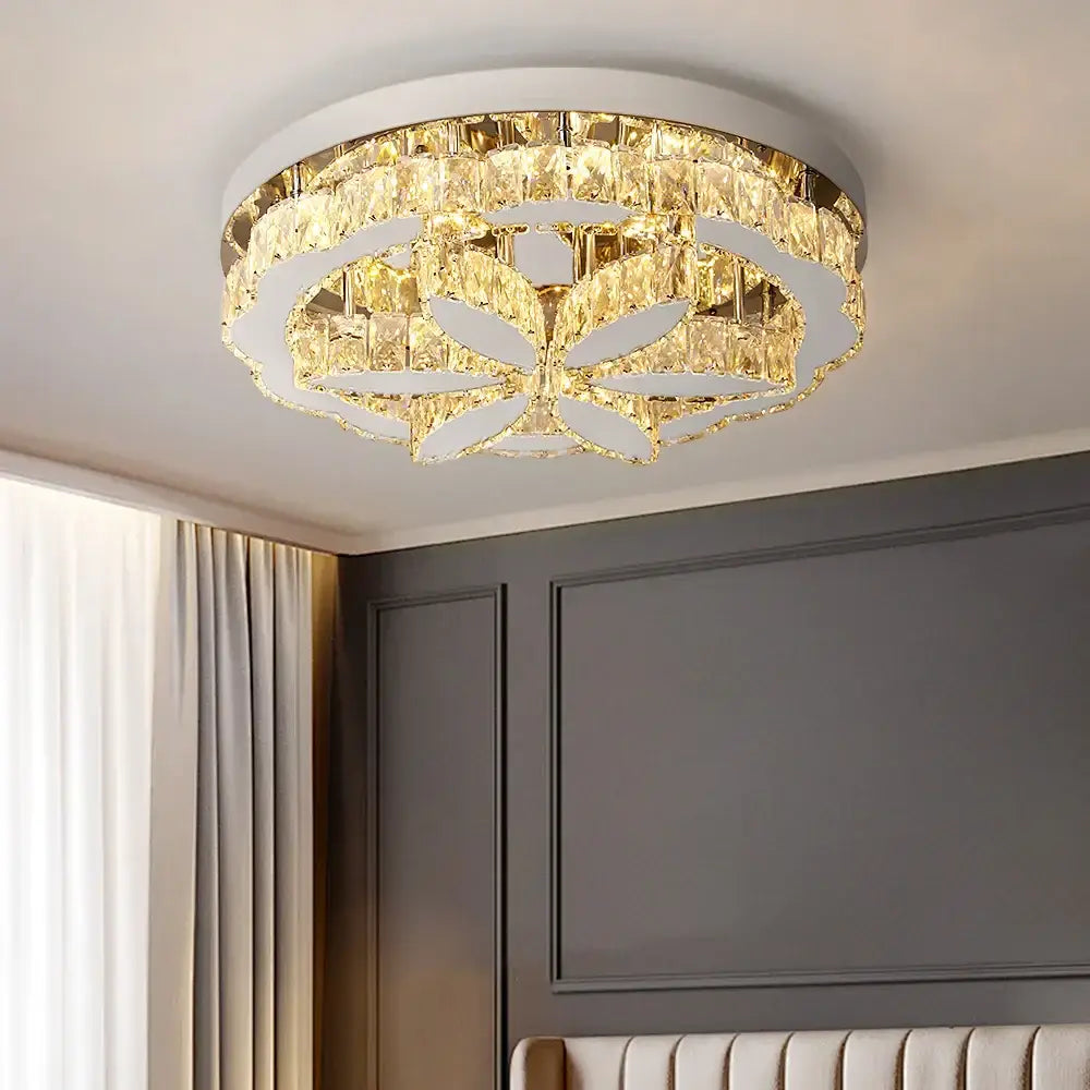 Modern chrome decorbites crystal ceiling chandelier with gold metal frame and floral faceted crystal tiers for living room light