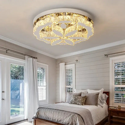 Modern chrome decorbites crystal ceiling chandelier with golden floral crystal tiers and white mounting ring for living room