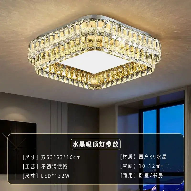 Modern chrome decorbites crystal round led ceiling light with two tiers of faceted k9 crystals in geometric design