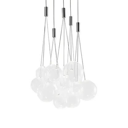 A modern white glass pendant light fixture with multiple spherical bulbs by decorbites for living room use