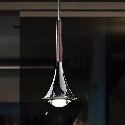 Modern chrome decorbites led studio pendant light with sleek trumpet shape and dark brown textured accent for staircase bar use