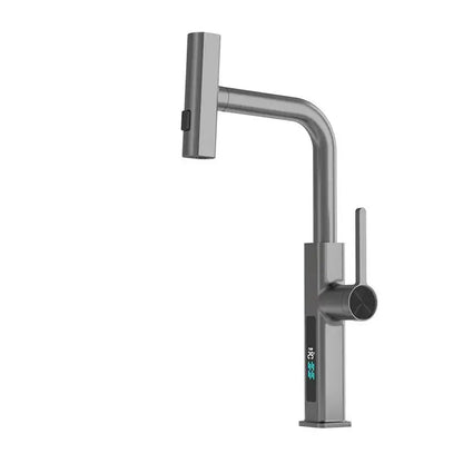 Modern matte gray stainless steel kitchen faucet with decorbites digital display showing temperature and pull out sprayer