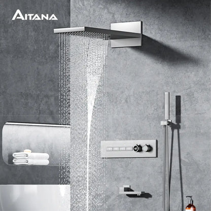 Aitana modern chrome digital rainfall shower system with sleek rectangular showerhead and integrated wall-mounted control panel