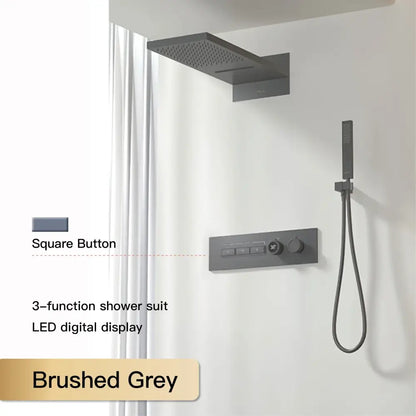 Brushed grey 3-function shower suit with led digital display and square button controls for modern chrome rainfall system