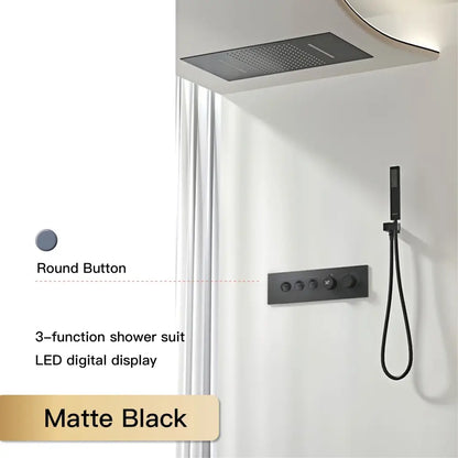 Matte black three-function shower suit with led digital display and round button controls for modern bathroom use