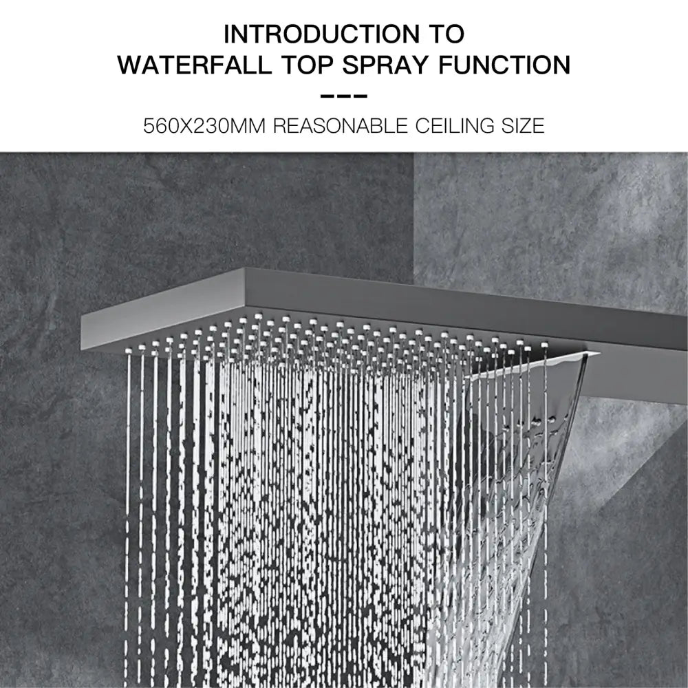 Modern chrome digital rainfall shower system featuring a sleek metallic square showerhead with waterfall top spray
