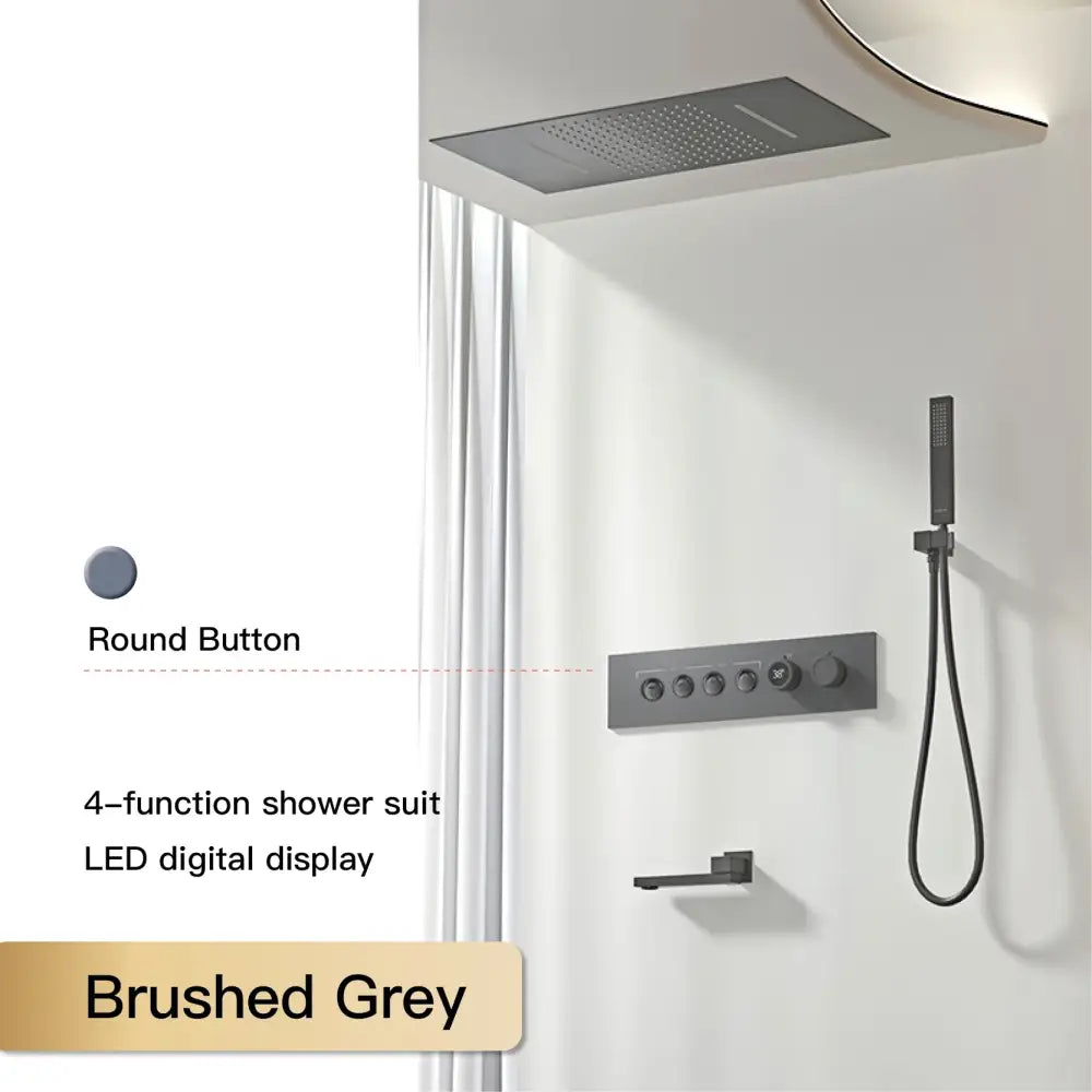 Modern chrome digital rainfall shower system featuring a brushed grey 4-function shower suit with led display and round buttons
