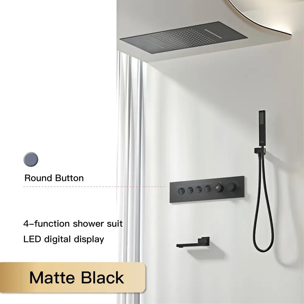Matte black 4-function shower suit with led digital display and round button controls for modern chrome digital rainfall system