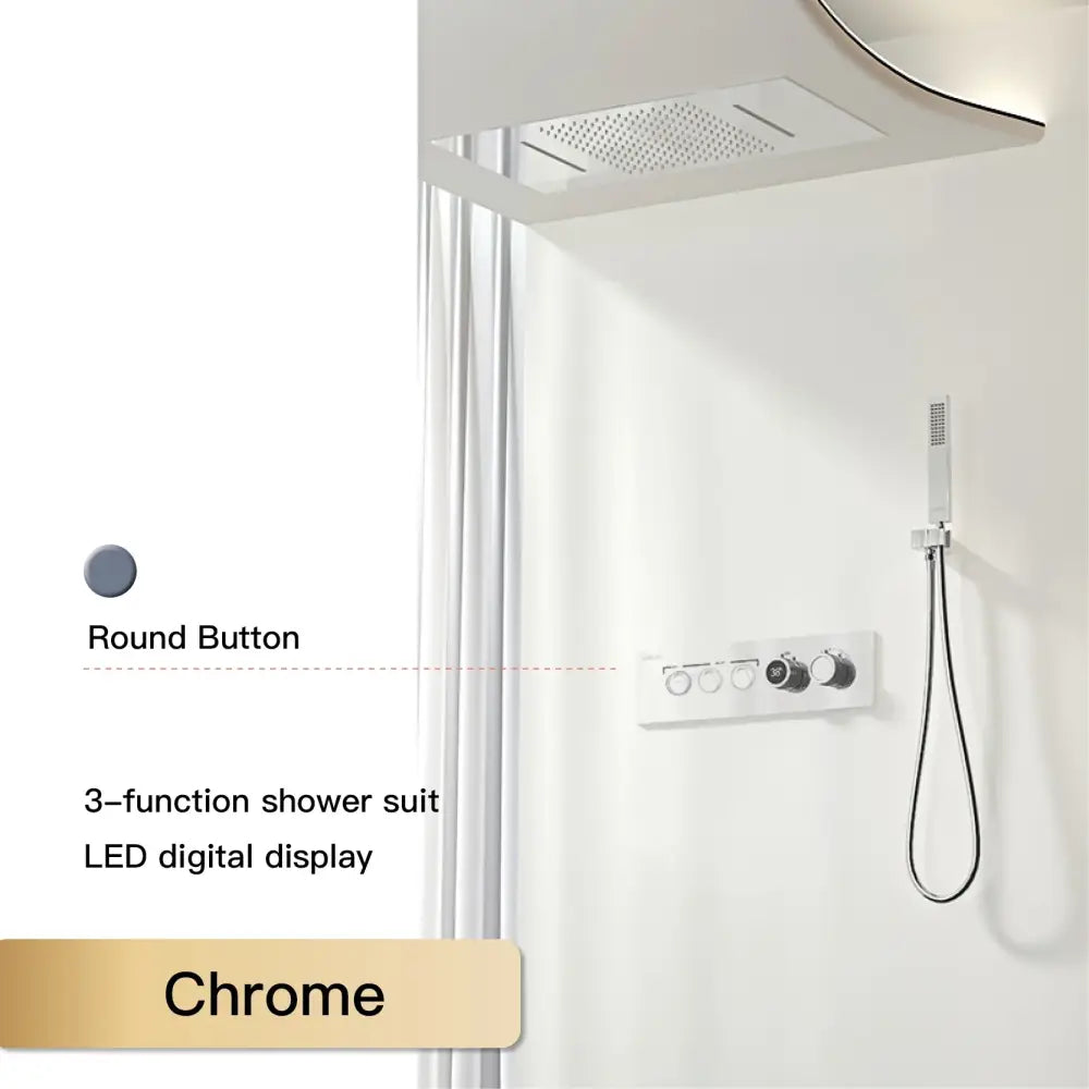 Modern chrome digital rainfall shower system with 3-function chrome finish led display and round button controls