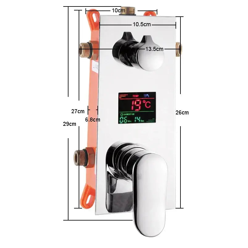 Modern chrome digital shower mixer with wall-mounted temperature control panel and orange accent piping