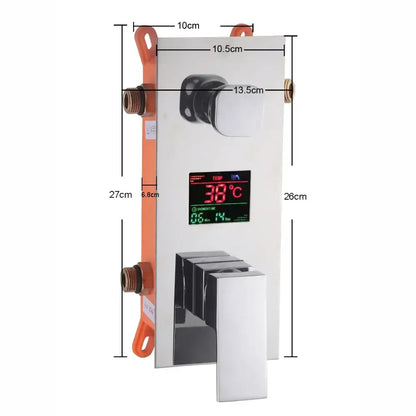 Modern chrome digital shower mixer wall-mounted with temperature control panel and digital display for bathroom use