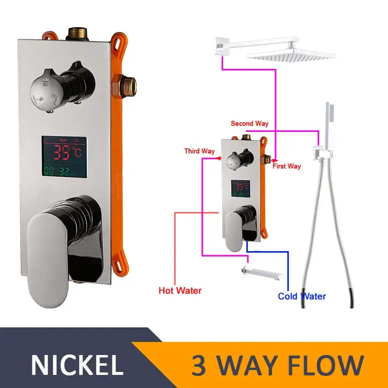 Nickel-finished modern chrome digital shower mixer with 3-way valve and orange trim for precise temperature control