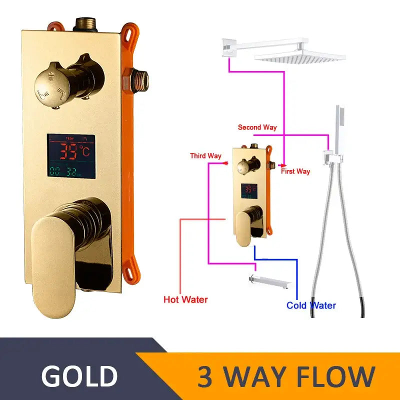 Gold finished 3 way digital shower mixer with integrated handle and temperature display for modern bathroom control panel