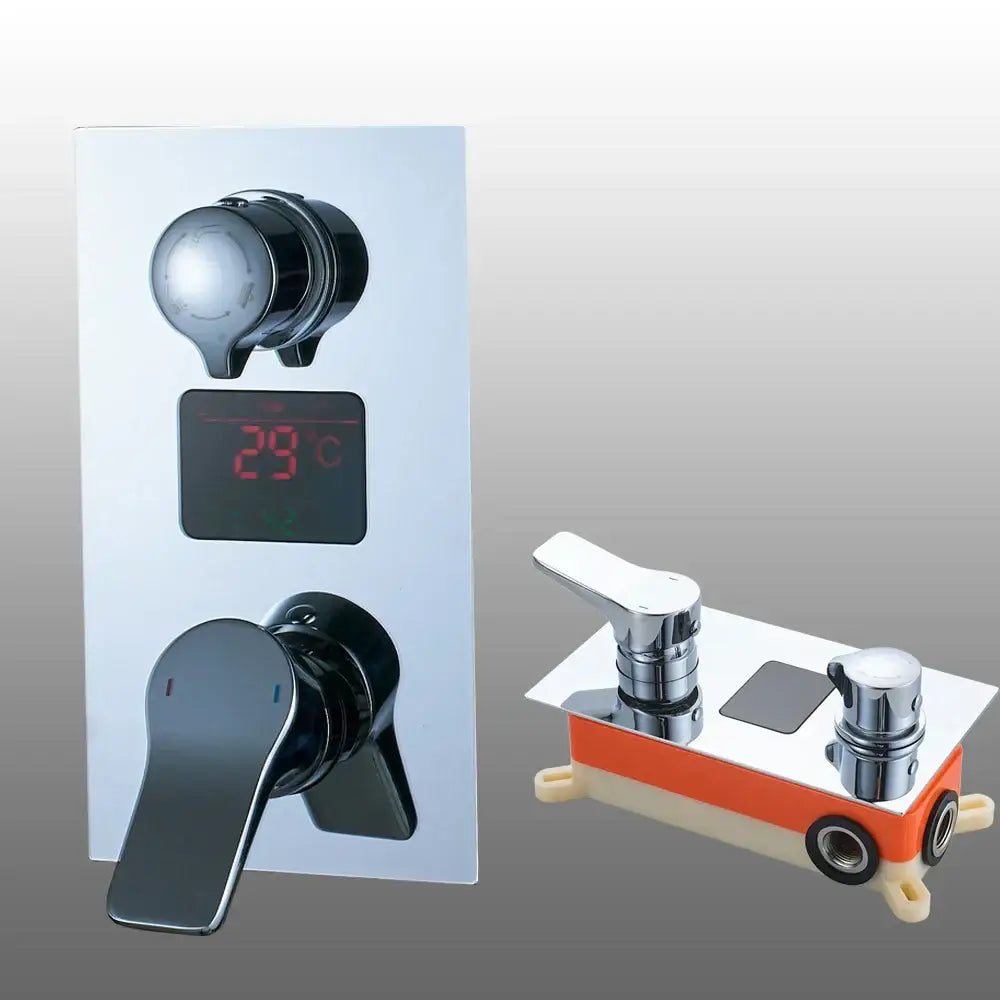 Modern chrome digital shower mixer temperature control panel with digital display showing 29°c for bathroom use