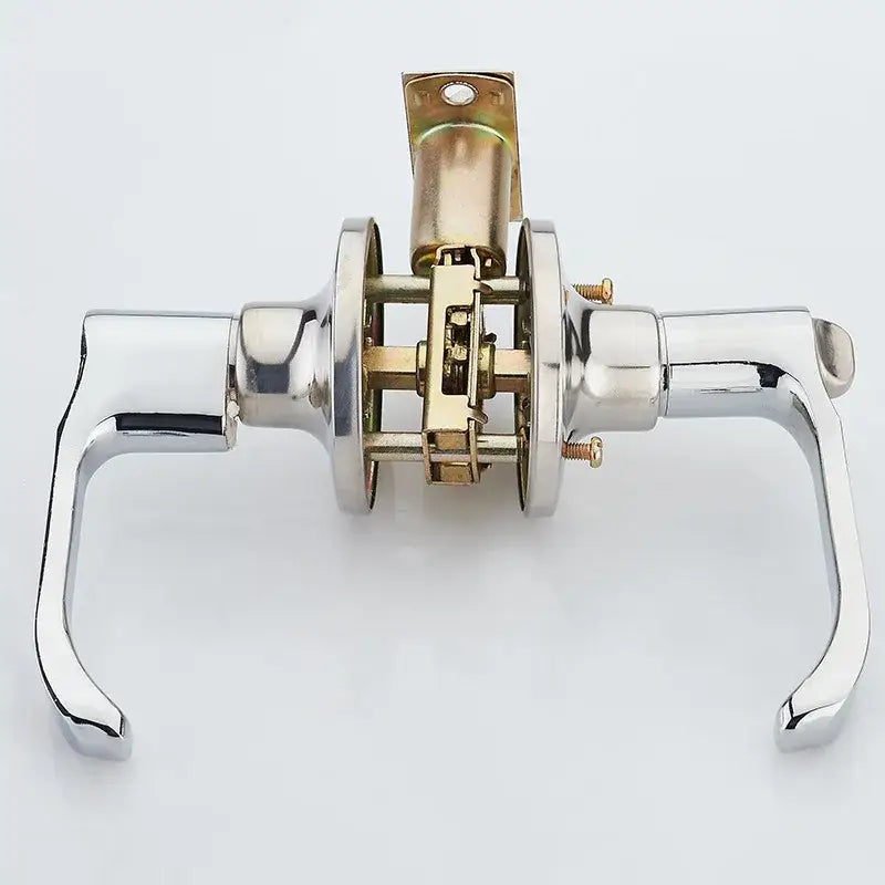 Modern chrome double handle door handle lock kit showing brass-colored internal mechanism and mounting plate backside
