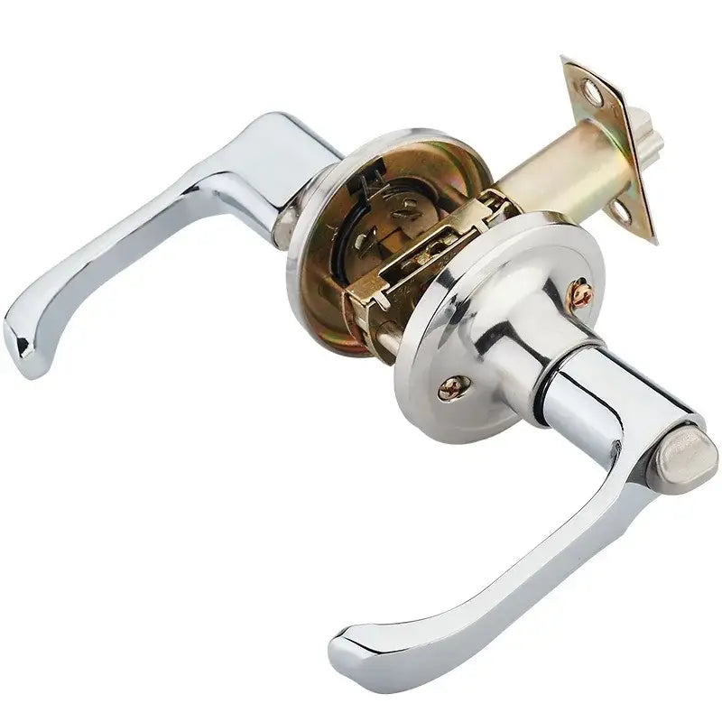 Modern chrome double handle door handle lock kit with sleek design and visible internal mechanism for kitchen doors