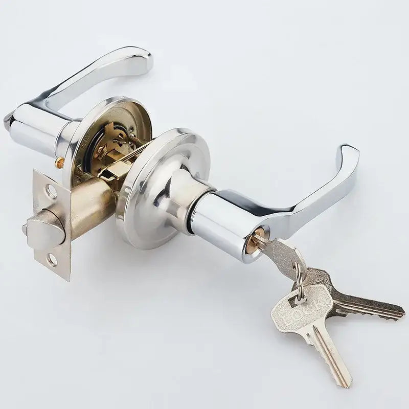 Modern chrome double door handle lock kit with shiny chrome finished handle lock and matching key set for kitchen door