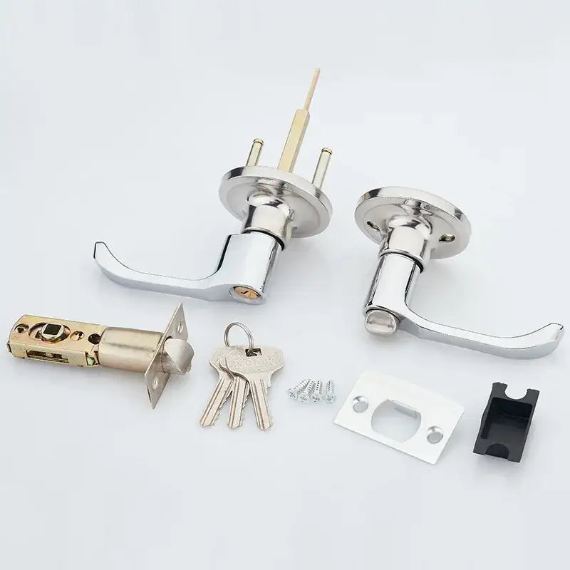Modern chrome double door handle lock kit with silver finish sleek design and matching cylindrical lock mechanism