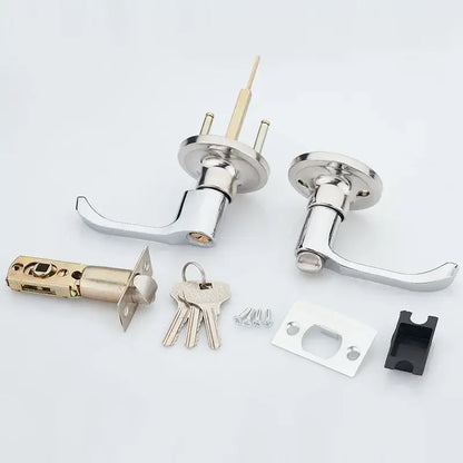 Modern chrome double door handle lock kit with silver finish sleek design and matching cylindrical lock mechanism