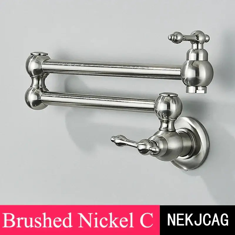 Brushed nickel double-handle pot filler faucet with sleek elongated spout and ornate spherical handles for kitchen use