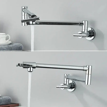 Modern chrome double joint pot filler faucet with extendable gooseneck and dual control handles for kitchen wall mount