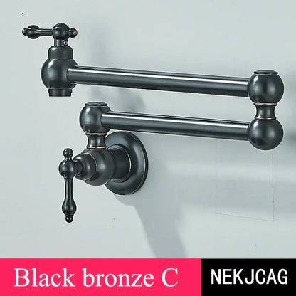 Black bronze c model wall-mounted pot filler faucet with articulated design and classic toggle handles for kitchen use