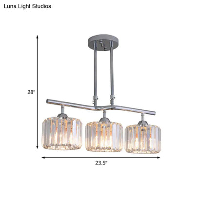 DecorBites™ modern chrome three-light pendant light with faceted crystal shades for dining room island lighting