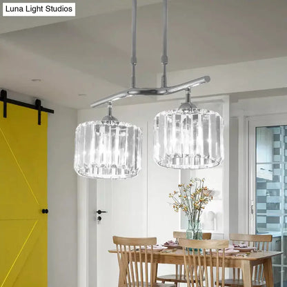 Modern chrome pendant light with two cylindrical crystal glass shades for dining room island lighting