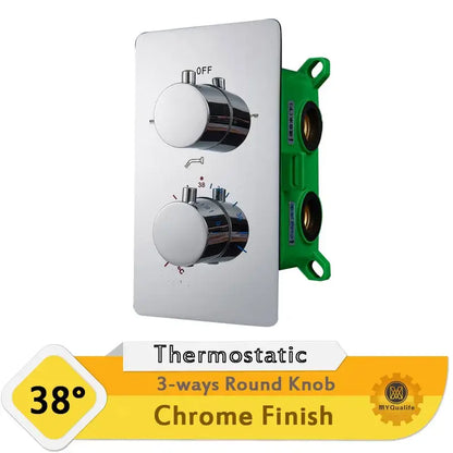 Modern chrome dual handle shower mixer valve with thermostatic controls and green mounting bracket for bathroom use