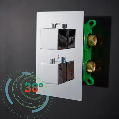 Modern chrome dual handle shower mixer valve with brass plumbing connections and minimalist bathroom control panel design