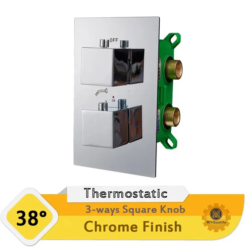Modern chrome dual handle shower mixer valve with square knobs and brass pipe connections for bathroom control panel