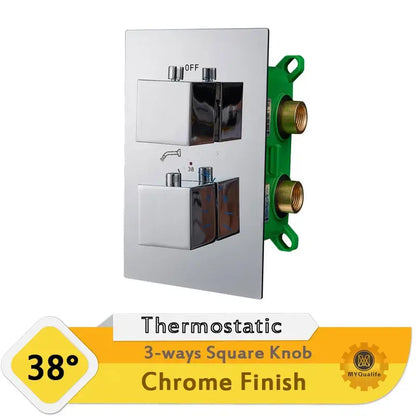Modern chrome dual handle shower mixer valve with square knobs and brass pipe connections for bathroom control panel