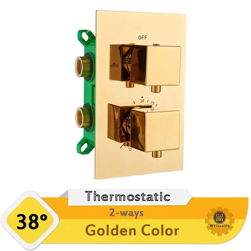 Modern brass-finished thermostatic shower mixer valve with dual chrome control knobs and sleek rectangular design
