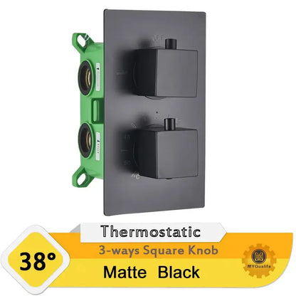 Matte black thermodynamic shower mixer valve with square knobs and green mounting bracket for bathroom control panel